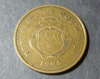 1995 Costa Rica 10 Colones Coin - Ten Colones -Republica De - Small Ship, Mountains -Vintage World Coin -FREE U.S. Shipping -1.25 Int'l Ship