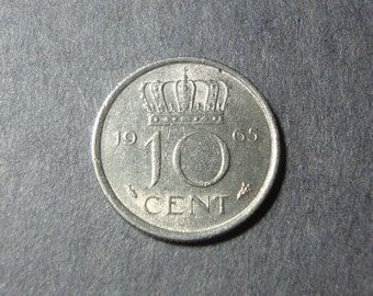 1965 Netherlands 10 Cent Coin - Ten Cents - Nederlanden - Crown - Nice Design - Vintage World Coin - FREE U.S. Shipping, 1.25 Int'l Shipping