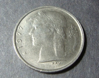 1977 Belgium 1 Franc Coin - One Franc - Belgian Coin - Crown - Nice Design - Vintage World Coin - FREE U.S. Shipping, 1.25 Int'l Ship