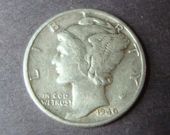 SALE -1940 United States Mercury Dime -90% Silver -Ten Cents -U.S. Coin -Winged Liberty Head -Precious Metal Coin -Free U.S. Ship,1.25 Int'l