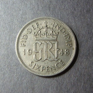 1948 Great Britain Six Pence Coin - United Kingdom - 6 Pence - King George VI - Wedding, Good Luck Charm - 1.25 Int&#39;l Shipping