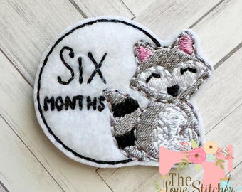 TLS Feltie Milestone Six Months With Raccoon Embroidery Design