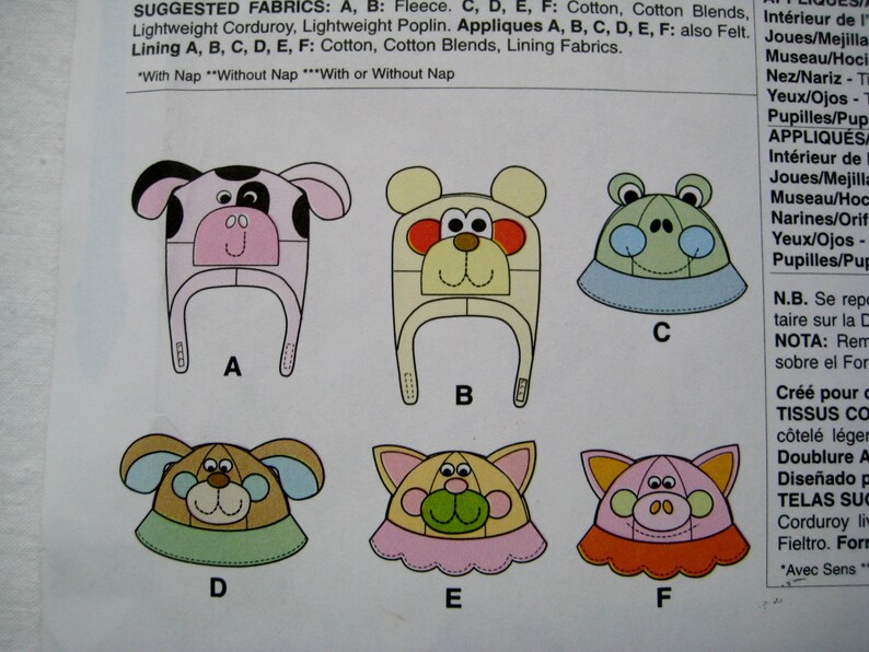 Hats McCalls 6616 Sewing Pattern Animal Hats Children Kids Child Boy Girl 6 Styles UNCUT