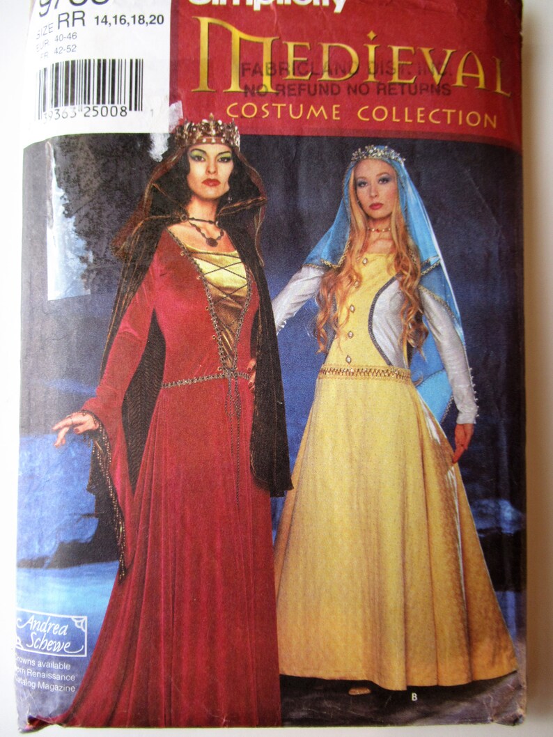 Medieval Dress Simplicity 9758 Sewing Pattern Renaissance Flared Sleeve Gown Cape Veil Costume Cosplay Schewe Plus Size 14 16 18 20 UNCUT