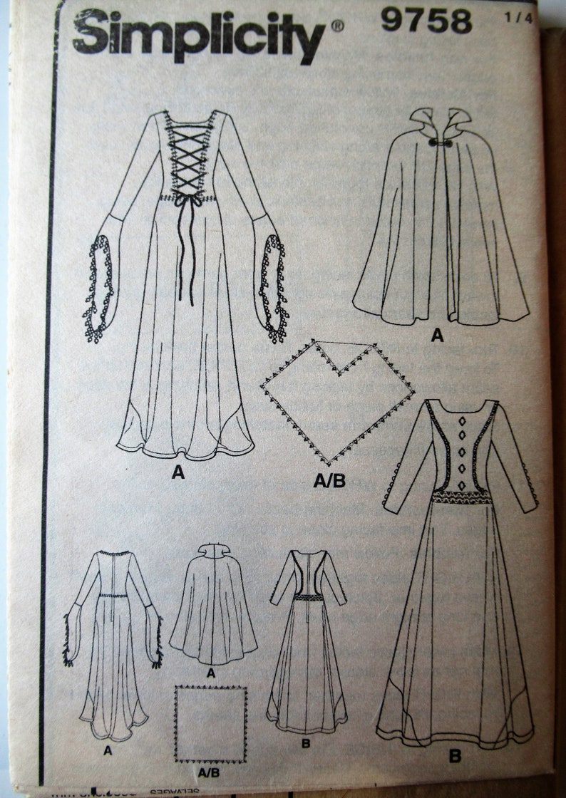 Medieval Dress Simplicity 9758 Sewing Pattern Renaissance Flared Sleeve Gown Cape Veil Costume Cosplay Schewe Plus Size 14 16 18 20 UNCUT