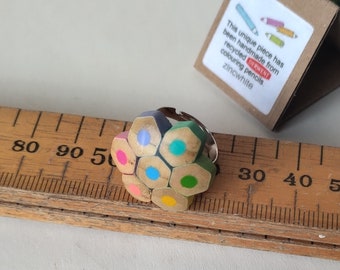 flower ring handmade with recycled Derwent artist pencils / adjustable / colour dots pattern