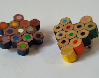 star/heart brooch /recycled colouring pencils badge/geometric style accesory/ hexagons, dots and honeycomb patterns/contemporary craft