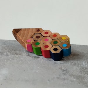 Multicolour pencil shape brooch handmade with recycled colouring pencils image 4