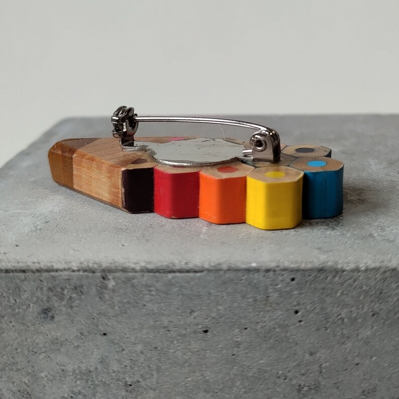 Multicolour pencil shape brooch handmade with recycled colouring pencils image 3