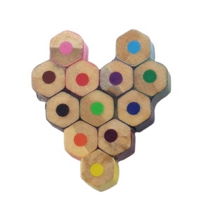 étoile/broche coeur/crayons de couleur recyclés/accessoire de style géométrique/hexagones, points et motifs en nid d'abeille/artisanat contemporain image 3