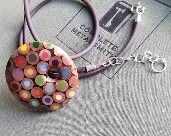 contemporary upcycled round multicolour necklace with recycled pencils  and oak wood / abstract colour spots