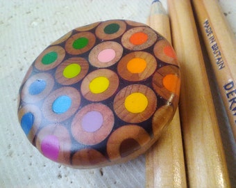 multicolour round pencil brooch handmade with recycled Derwent pencils