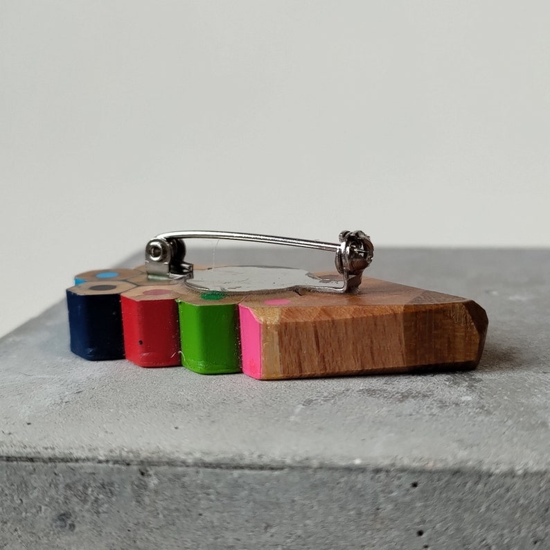 Multicolour pencil shape brooch handmade with recycled colouring pencils image 6