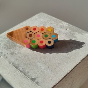 Multicolour pencil shape brooch handmade with recycled colouring pencils image 1