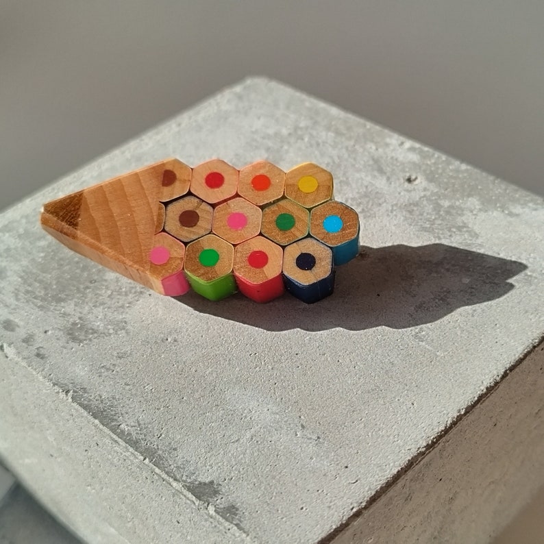 Multicolour pencil shape brooch handmade with recycled colouring pencils image 1