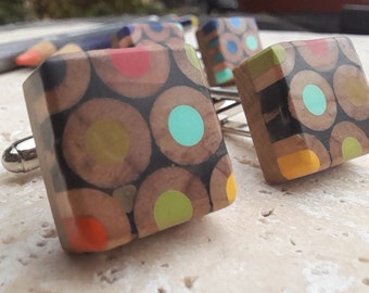 colourful square pencil cufflinks handmade with recycled Derwent artist quality colouring pencils and upcycled oak wood
