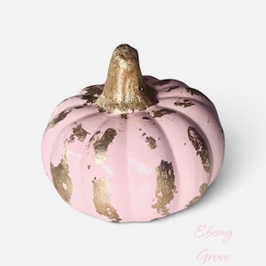 May include: A decorative pumpkin painted in a soft pastel pink with metallic gold leaf accents applied to the ridges and a solid gold stem. The text Ebony Grove is printed in a light pink script font in the lower right corner of the image.