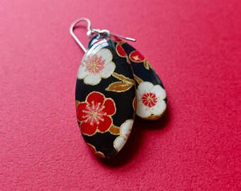 Black earrings, floral earrings, red earrings, Japanese paper earrings, Japan inspired, chiyogami, lightweight earrings, hypoallergenic