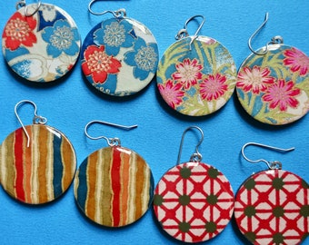 Paper earrings, Japanese paper earrings, chiyogami earrings, yuzen earrings, flower earrings, blue earrings, floral earrings, striped, pink