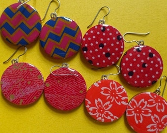 Red earrings, navy earrings, blue earrings, polka dot earrings, zig zag earrings, flower earrings, floral earrings, Japanese paper earrings