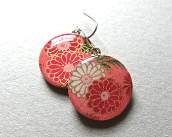 Pink Earrings, Flower Earrings, Japanese earrings, Japanese paper earrings, Japanese paper jewelry, Chiyogami Earrings, Chiyogami jewelry