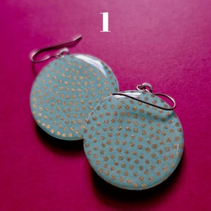 Blue Earrings, Polka Dot Earrings, Flower Earrings, Ocean Earrings, Sea Earrings, Nature Earrings, Gold Earrings, Japanese paper earrings image 2