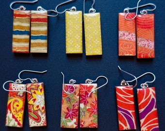 Paper earrings, lightweight earrings, Japanese chiyogami paper earrings, red earrings, hypoallergenic, yellow earrings, orange earrings