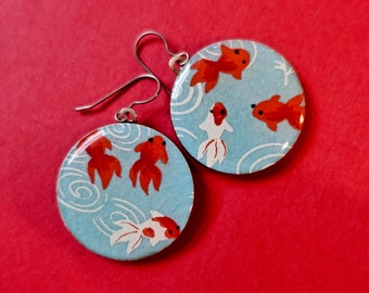 Fish Earrings, Goldfish Earrings, Japanese paper earrings, chiyogami earrings, lightweight earrings, animal earrings, funky earrings