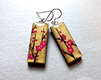 Gold Earrings, Sakura Earrings, Cherry Blossom Earrings, Sakura Jewelry, Cherry Blossom Jewelry, Japanese Paper Jewelry, Chiyogami Earrings