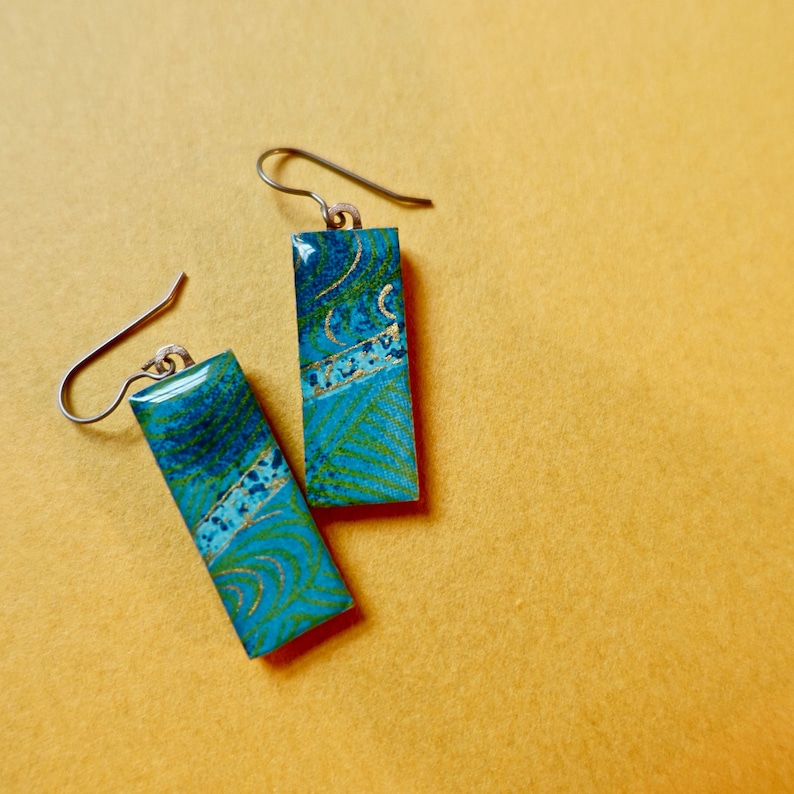 Blue earrings, turquoise earrings, gold earrings, lightweight earrings, titanium, hypoallergenic, river earrings, ocean earrings, water image 1