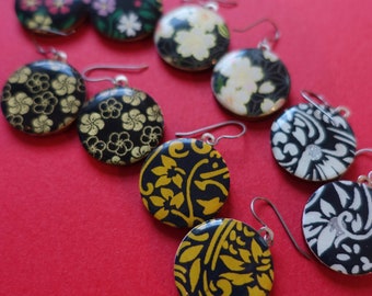 Japanese Paper Earrings, Chiyogami Paper Earrings, Lightweight Earrings, Hypoallergenic, Black Earrings, Gold Earrings, Sakura Earrings