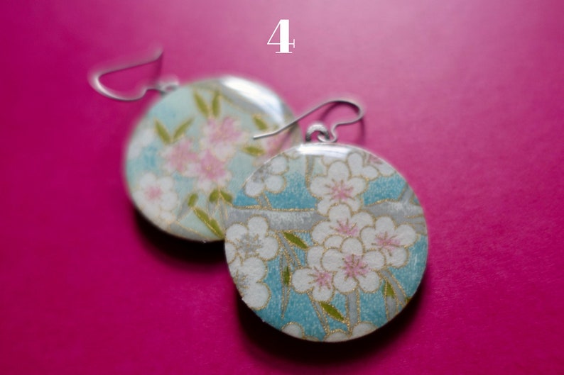 Blue Earrings, Polka Dot Earrings, Flower Earrings, Ocean Earrings, Sea Earrings, Nature Earrings, Gold Earrings, Japanese paper earrings image 5