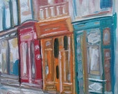 Window Shopping, Red, Orange, Blue, White, Impressionistic Oil Painting