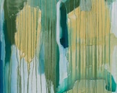 Green Blue Yellow White Modern Art Abstract Painting with Drips Oil on Canvas
