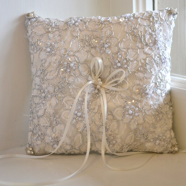 Ring Bearer Pillow, Ring Pillow, Lace Ring Pillow, Silver Ring Pillow, White Ring Bearer Pillow - Chantilly Lace with Silver Threading