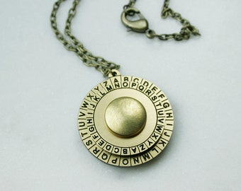 Cipher Wheel Decoder Necklace | Caesar Cipher Disk | Secret Message Cryptograph Pendant | Escape Room Accessory