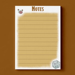 May include: A rectangular notepad with a white border and a tan centre featuring horizontal lines. The word Notes is printed in brown at the top. A small illustration of a potion bottle is in the top left corner and a 20-sided die is in the bottom right.