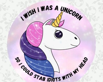 Pegatina divertida de unicornio (vinilo u holográfica) en tres tamaños