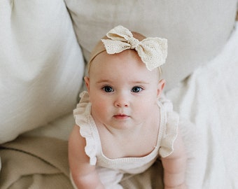 Large Lace Bow, Cotton Lace Bow, Hair Bow, Baby Headband, Headband, Baby Bow, Hair Clip, Beige Bow, Embroidered Bow