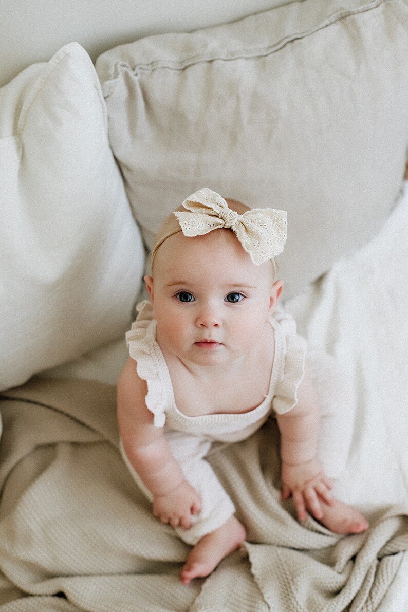 Large Lace Bow, Cotton Lace Bow, Hair Bow, Baby Headband, Headband, Baby Bow, Hair Clip, Beige Bow, Embroidered Bow image 1