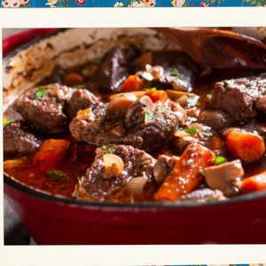 May include: A close-up of a pot of beef stew with carrots, mushrooms, and herbs. The stew is in a red pot with a wooden spoon. The text "The Best Beef Stew" is above the image, and "Instant Digital Download" is in a pink circle in the upper right corner.
