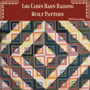 May include: A quilt pattern featuring a log cabin design with a variety of colourful fabrics. The pattern is called "Log Cabin Barn Raising Quilt Pattern".