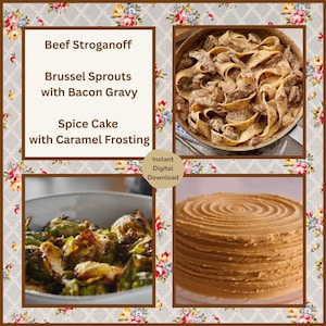Könnte beinhalten: Eine Collage mit vier Bildern von Speisen. Oben links stehen "Beef Stroganoff", "Rosenkohl mit Speck-Soße" und "Gewürzkuchen mit Karamellguss". Die anderen Bilder zeigen die Gerichte. Der Text "Sofortiger digitaler Download" ist ebenfalls vorhanden.