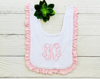 Monogrammed White Baby Ruffle Bib, Personalized Girl Baby Gift, Baby Name Monogram Bib, Baby Shower Gift, Custom Baby Bib, Baby Feeding Gift