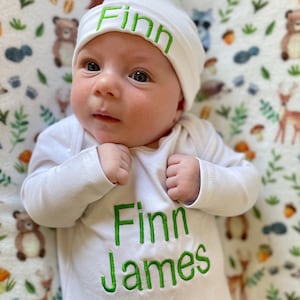 Monogrammed Baby Boy Set, Personalized Baby Gown and Hat, Coming Home Outfit, Baby Shower Gift, Blue Gown and Knotted Cap, Newborn Set