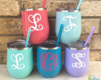 Monogrammed Tumbler, Wine Tumbler, Stainless Steel Tumbler, Fat Bottom Tumbler, Personalized Beverage Cup,  Monogram Tumbler with Straw