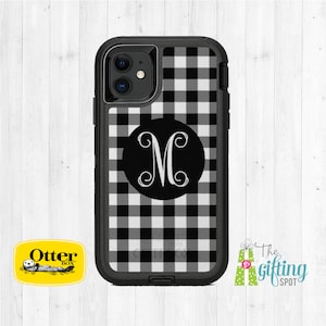 Black Plaid Personalized OtterBox, Monogrammed Custom Printed Case, Apple iPhone 16, 15, 14, 13, 12 Pro Max, Commuter, Defender, or Symmetry
