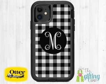 Black Buffalo Plaid Personalized OtterBox, Monogrammed OtterBox Case, Apple iPhone, Custom Printed Phone Case, Commuter, Defender, Symmetry