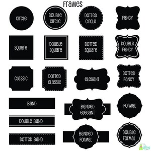 May include: A black and white graphic showing 15 different frame styles. The frames are labelled with names like "circle", "square", "classic", "elegant", "fancy", "formal", and "banded".