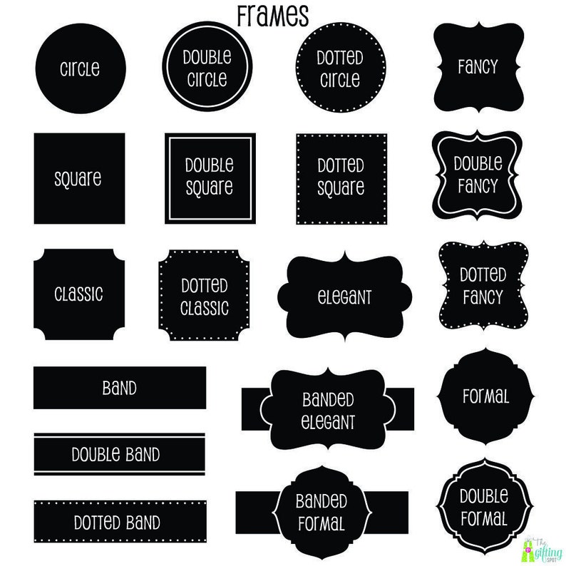 May include: A black and white graphic showing 15 different frame styles. The frames are labelled with names like "circle", "square", "classic", "elegant", "fancy", "formal", and "banded".